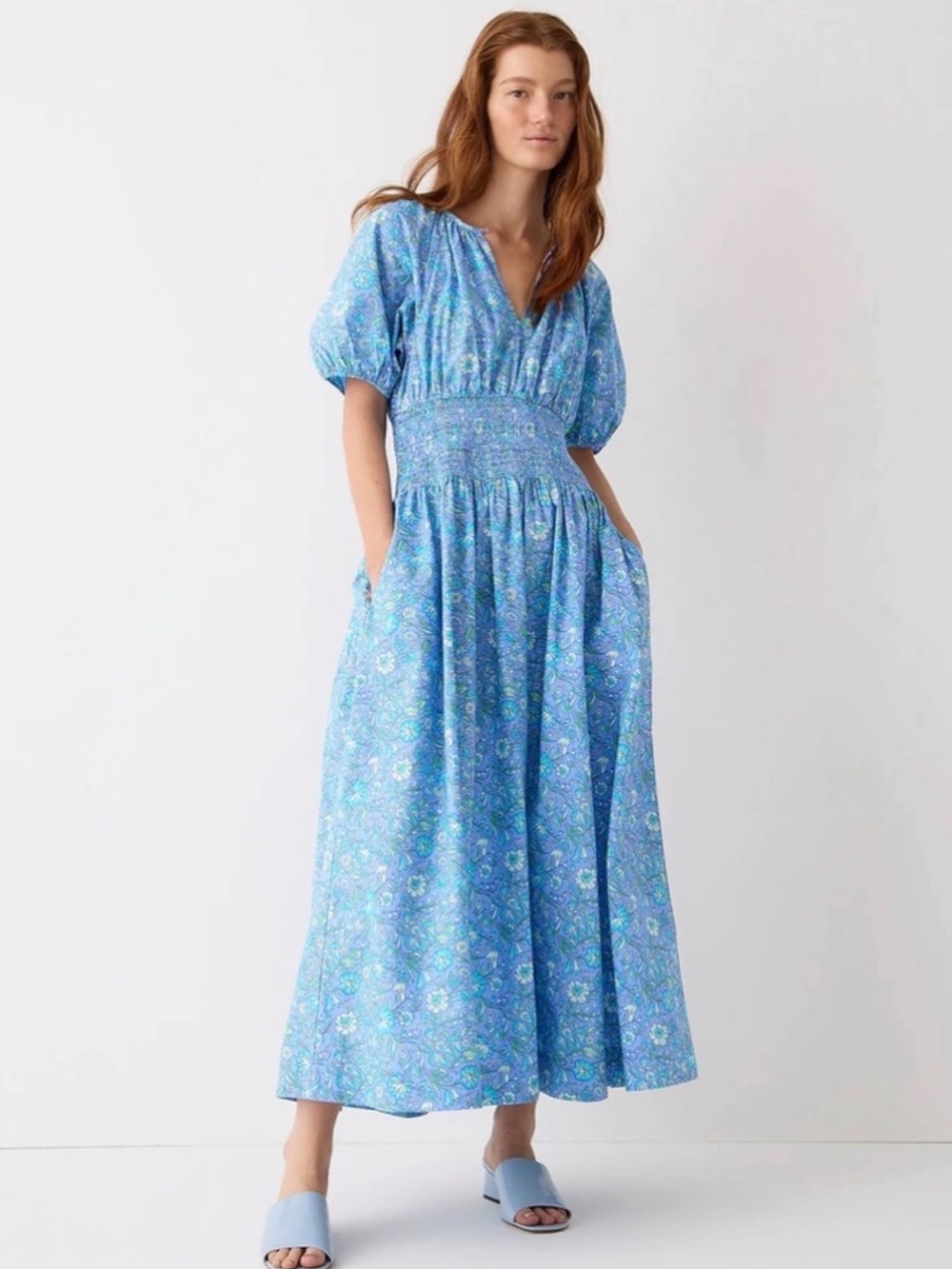 J Crew Provence smocked waist midi dress blue marigold blooms cotton poplin XL - Picture 2 of 9